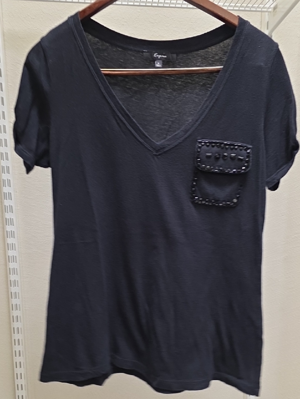 Express Black V-Neck Short Sleeve Tee with Beaded Pocket